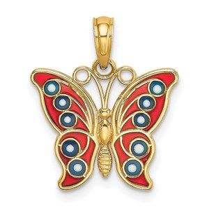 14k Yellow Gold w Red & Blue Enamel Filigree Butterfly Necklace Charm Pendant